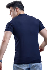 Navy Blue Mandarin Collar Graphic T-Shirt